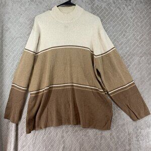 Jeanne Piere Womans 3X Sweater Brown Striped Cotton Mock Neck Boxy Fit